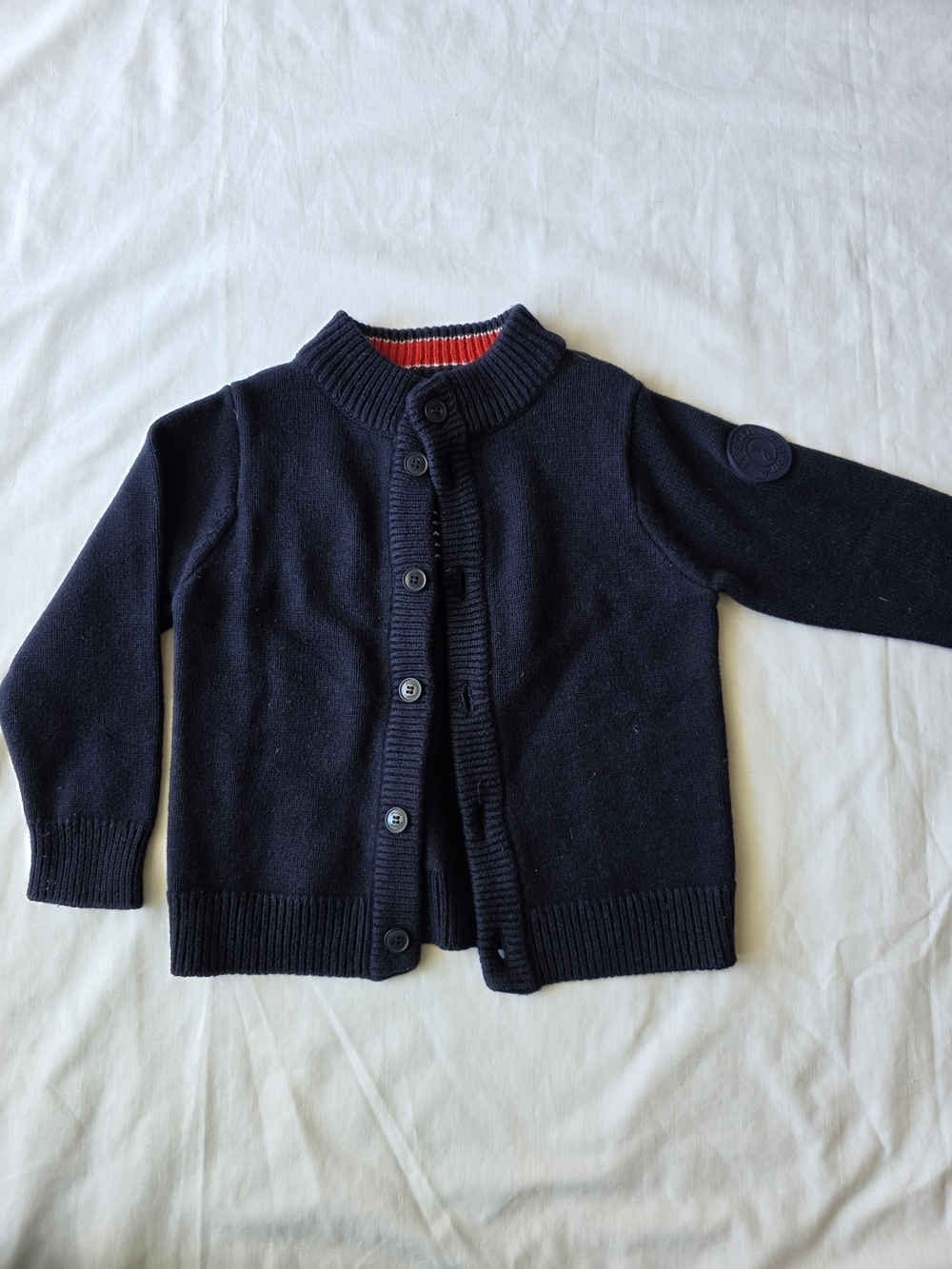 Jacadi Navy Knit Button Cardigan with Red Trim